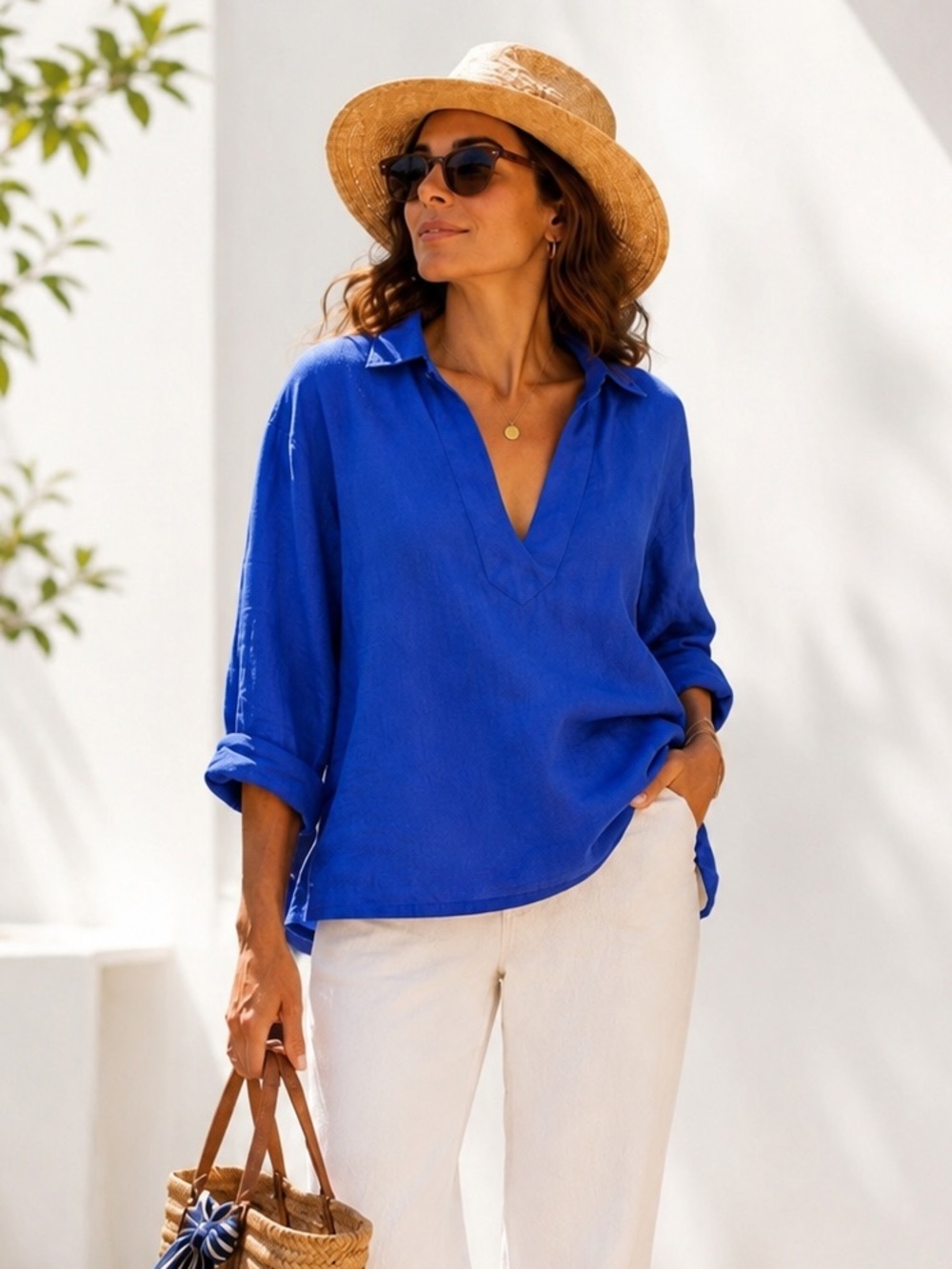 Cobalt Blue 100% Linen Popover Shirt Resort Coastal Chic